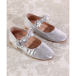 Cute Walk by Babyhug Velcro Closure Shimmery Ballerina with Floral Applique - Silver