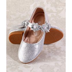 Cute Walk by Babyhug Velcro Closure Shimmery Ballerina with Floral Applique - Silver
