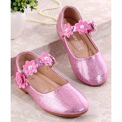 Cute Walk by Babyhug Velcro Closure Shimmery Ballerina with Floral Applique - Silver