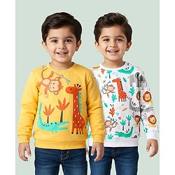 Babyhug Cotton Knit Full Sleeves Sweatshirt with Animal Graphics Pack of 2 - Yellow & White