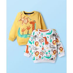 Babyhug Cotton Knit Full Sleeves Sweatshirt with Animal Graphics Pack of 2 - Yellow & White