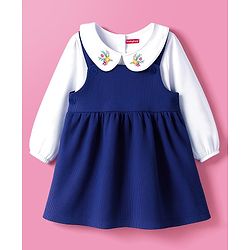 Babyhug Cotton Woven Frock with Full Sleeves Inner Tee & Floral Embroidery - Navy Blue & White