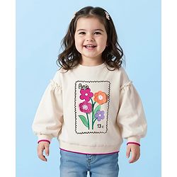Babyhug 100% Cotton Knit Full Sleeves Sweatshirt With Floral Graphics & Crochet Applique - Off White