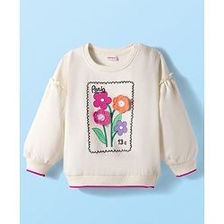 Babyhug 100% Cotton Knit Full Sleeves Sweatshirt With Floral Graphics & Crochet Applique - Off White
