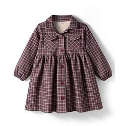 Babyhug Cotton Woven Full Sleeves Front Open Frock With Checks - Multicolour