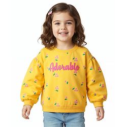 Babyhug 100% Cotton Knit Full Volume Sleeves Sweatshirt With Floral Print - Yellow