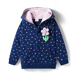 Babyhug Cotton Knit Full Sleeves Front Open Hooded Sweatjacket with Kangaroo Pocket Polka Dot & Floral Applique - Navy Blue