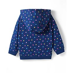 Babyhug Cotton Knit Full Sleeves Front Open Hooded Sweatjacket with Kangaroo Pocket Polka Dot & Floral Applique - Navy Blue
