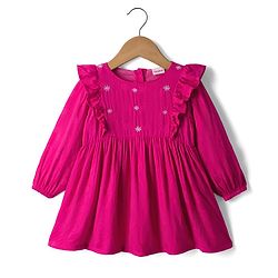 Babyhug Cotton Woven Full Sleeves Frock with Floral Embroidery & Frill Detailing - Pink