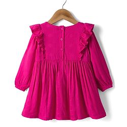 Babyhug Cotton Woven Full Sleeves Frock with Floral Embroidery & Frill Detailing - Pink