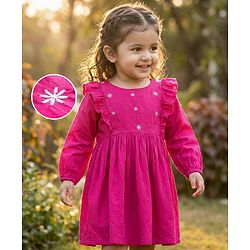 Babyhug Cotton Woven Full Sleeves Frock with Floral Embroidery & Frill Detailing - Pink