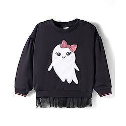 Babyhug Cotton Knit Full Sleeves Sweatshirt with Ghost Patch & Frill Detailing - Black