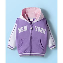 Babyhug Cotton Knit Full Sleeves Hooded SweatJacket with Front & Back Text Graphic & Kangaroo Pocket - Purple