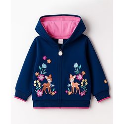 Babyhug Cotton Knit Full Sleeves Hooded SweatJacket with Animal & Floral Embroidery - Navy Blue