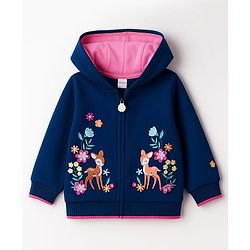 Babyhug 100% Cotton Knit Full Sleeves Hooded SweatJacket with Animal & Floral Embroidery - Navy Blue