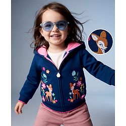 Babyhug 100% Cotton Knit Full Sleeves Hooded SweatJacket with Animal & Floral Embroidery - Navy Blue
