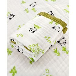 Babyhug 6 Layer Muslin Baby Blanket with Contrast Wide Edge Panda Print - Green| Absorbent Soft & Breathable| All Season Blanket| New Born Gifting| Bath Towel, Wrapper, Feeding Towel| Machine Washable