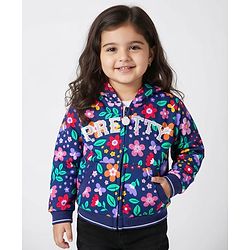 Babyhug Cotton Knit Full Sleeves Front Open Hooded Sweatjacket with Kangaroo Pocket Floral Print - Navy Blue