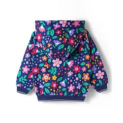 Babyhug Cotton Knit Full Sleeves Front Open Hooded Sweatjacket with Kangaroo Pocket Floral Print - Navy Blue