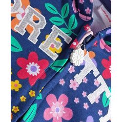 Babyhug Cotton Knit Full Sleeves Front Open Hooded Sweatjacket with Kangaroo Pocket Floral Print - Navy Blue