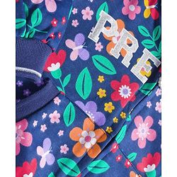 Babyhug Cotton Knit Full Sleeves Front Open Hooded Sweatjacket with Kangaroo Pocket Floral Print - Navy Blue