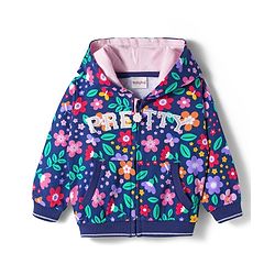 Babyhug Cotton Knit Full Sleeves Front Open Hooded Sweatjacket with Kangaroo Pocket Floral Print - Navy Blue