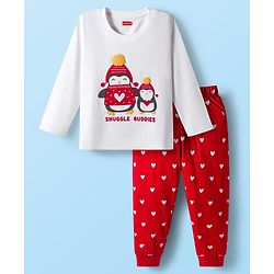 Babyhug Cotton Knit Full Sleeves Night Suit with Penguin & Heart Print - White & Red