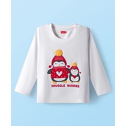 Babyhug Cotton Knit Full Sleeves Night Suit with Penguin & Heart Print - White & Red