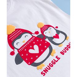 Babyhug Cotton Knit Full Sleeves Night Suit with Penguin & Heart Print - White & Red