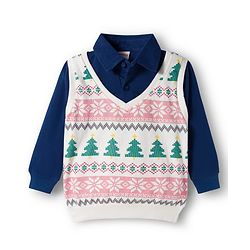 Babyhug Cotton Knit Full Sleeves Overlapped Sweatshirt with Floral & Christmas Theme Print - Navy Blue & White