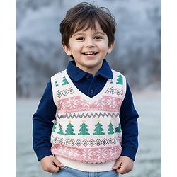 Babyhug Cotton Knit Full Sleeves Overlapped Sweatshirt with Floral & Christmas Theme Print - Navy Blue & White