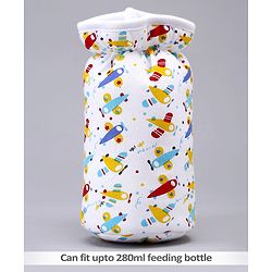 Babyhug Feeding Bottle Cotton Cover With Elastic Neck Aeroplane Print Large - White - Fits Upto 280 ml Bottle