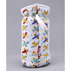 Babyhug Feeding Bottle Cotton Cover With Elastic Neck Aeroplane Print Large - White - Fits Upto 280 ml Bottle