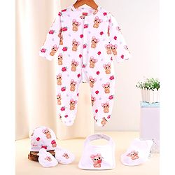 Babyhug 100% Cotton Knit Baby Gift Set With Teddy Bear Print - White