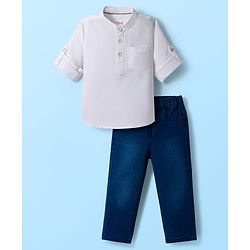 Babyhug Cotton Woven Full Sleeves Solid Color Shirt & Jeans Set - White & Blue
