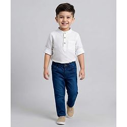 Babyhug Cotton Woven Full Sleeves Solid Color Shirt & Jeans Set - White & Blue