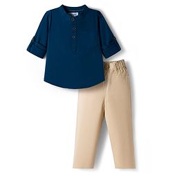 Babyhug Cotton Woven Full Sleeves Solid Colour Shirt & Pant Set - Blue