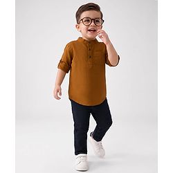 Babyhug Cotton Woven Full Sleeves Solid Color Mandarin Collar Shirt and Denim Jeans Set - Rust Orange & Black