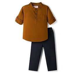 Babyhug Cotton Woven Full Sleeves Solid Color Mandarin Collar Shirt and Denim Jeans Set - Rust Orange & Black