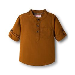 Babyhug Cotton Woven Full Sleeves Solid Color Mandarin Collar Shirt and Denim Jeans Set - Rust Orange & Black