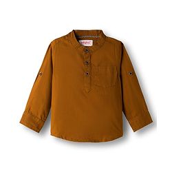 Babyhug Cotton Woven Full Sleeves Solid Color Mandarin Collar Shirt and Denim Jeans Set - Rust Orange & Black