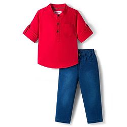 Babyhug Cotton Woven Full Sleeves Solid Color Shirt & Jeans Set - Red & Blue