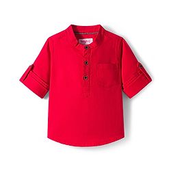 Babyhug Cotton Woven Full Sleeves Solid Color Shirt & Jeans Set - Red & Blue