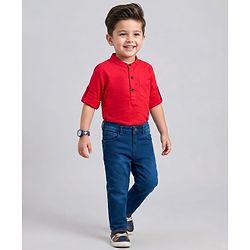 Babyhug Cotton Woven Full Sleeves Solid Color Shirt & Jeans Set - Red & Blue
