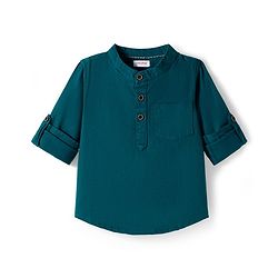 Babyhug Cotton Woven Full Sleeves Solid Color Mandarin Collar Shirt and Denim Jeans Set - Teal Blue & Black