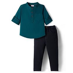 Babyhug Cotton Woven Full Sleeves Solid Color Mandarin Collar Shirt and Denim Jeans Set - Teal Blue & Black