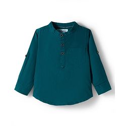 Babyhug Cotton Woven Full Sleeves Solid Color Mandarin Collar Shirt and Denim Jeans Set - Teal Blue & Black