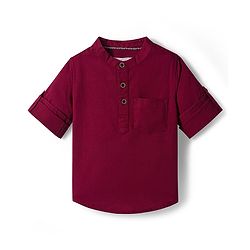 Babyhug Cotton Woven Full Sleeves Solid Color Shirt & Pant Set - Maroon & Beige