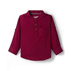 Babyhug Cotton Woven Full Sleeves Solid Color Shirt & Pant Set - Maroon & Beige