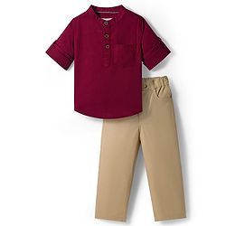 Babyhug Cotton Woven Full Sleeves Solid Color Shirt & Pant Set - Maroon & Beige